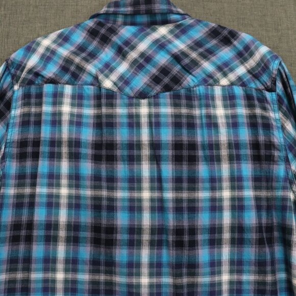 Sun + Stone Plaid Western Shirt Mens XL Long Sleeve Soft Blue Plaid Pearl Snap - Picture 9 of 10